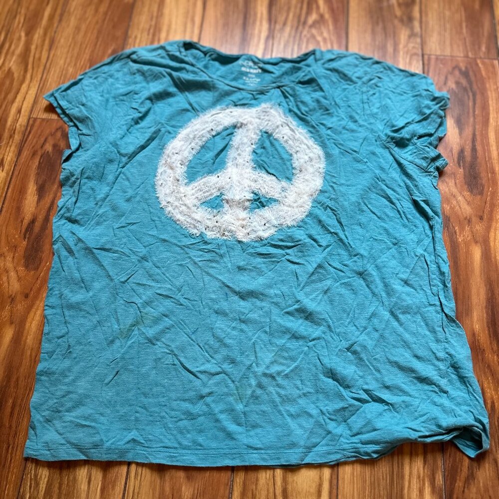 Vintage Y2K 2000s Old Navy Blue Fuzzy Peace Sign  T-Shirt Womens Size XXL
